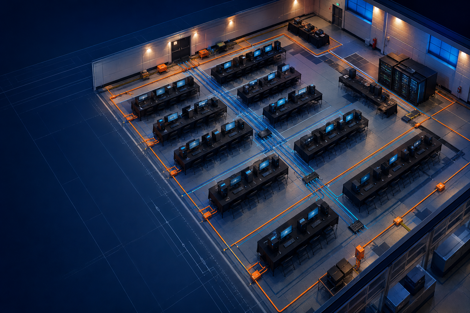 Overhead event-room plan with computer rows, switches, cable paths, and power zones.