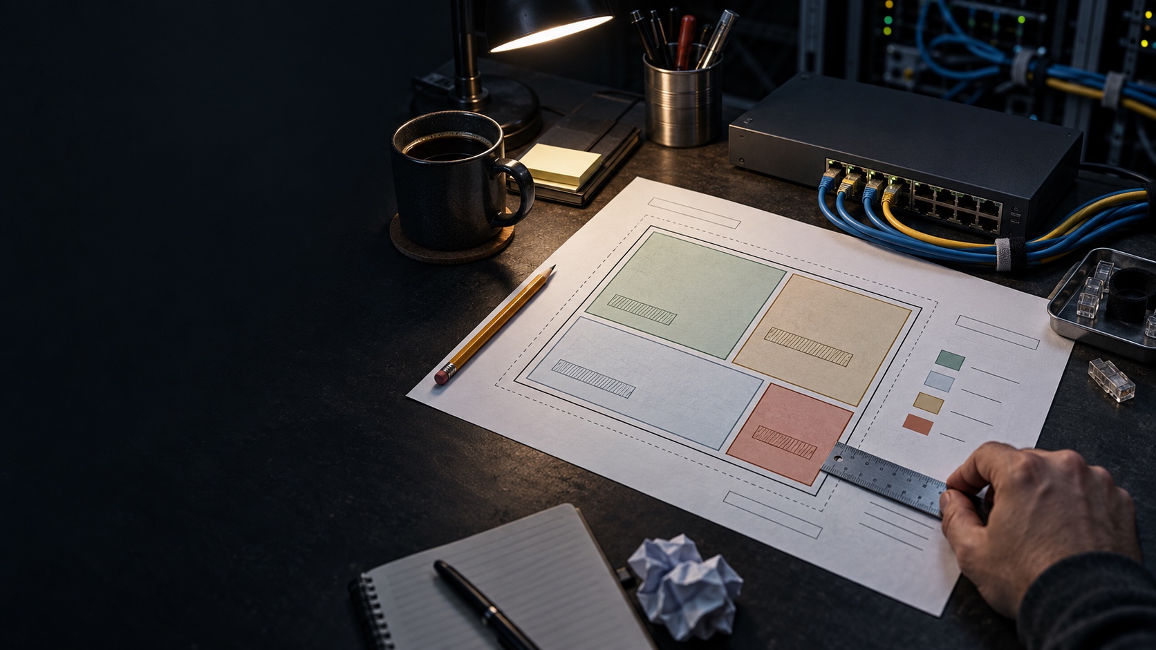 A printable network plan divides one address block into unequal subnets beside an unbranded switch, patch cables, and a ruler.
